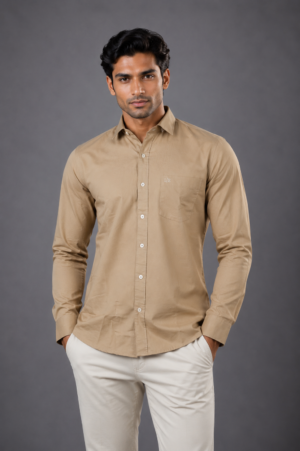 Men's Camel Beige Solid Full Sleeve Casual Shirt | Slim Fit | Button-Down | Premium Cotton Blend | Office & Casual Wear 1236-49-BEG