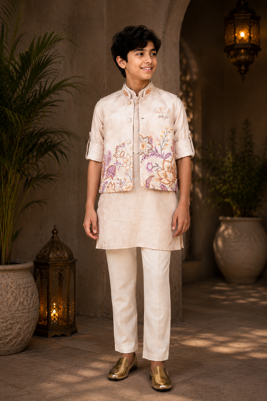 Boys Cream Kurta Pajama Set with Floral Printed Nehru Jacket | Premium Festive Ethnic Wear 2648-366-FWN-PR