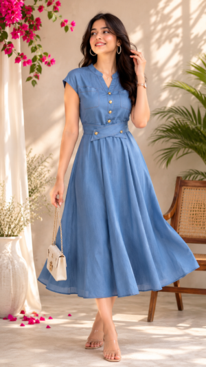Women's Sky Blue Fit & Flare Midi Dress with Waist Belt | Cap Sleeve Casual Western Wear 1795-024-I BLU-PL