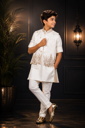 Boys White Kurta Pajama Set with Embroidered Nehru Jacket | Premium Festive Ethnic Wear 2617-366-WHT-PR