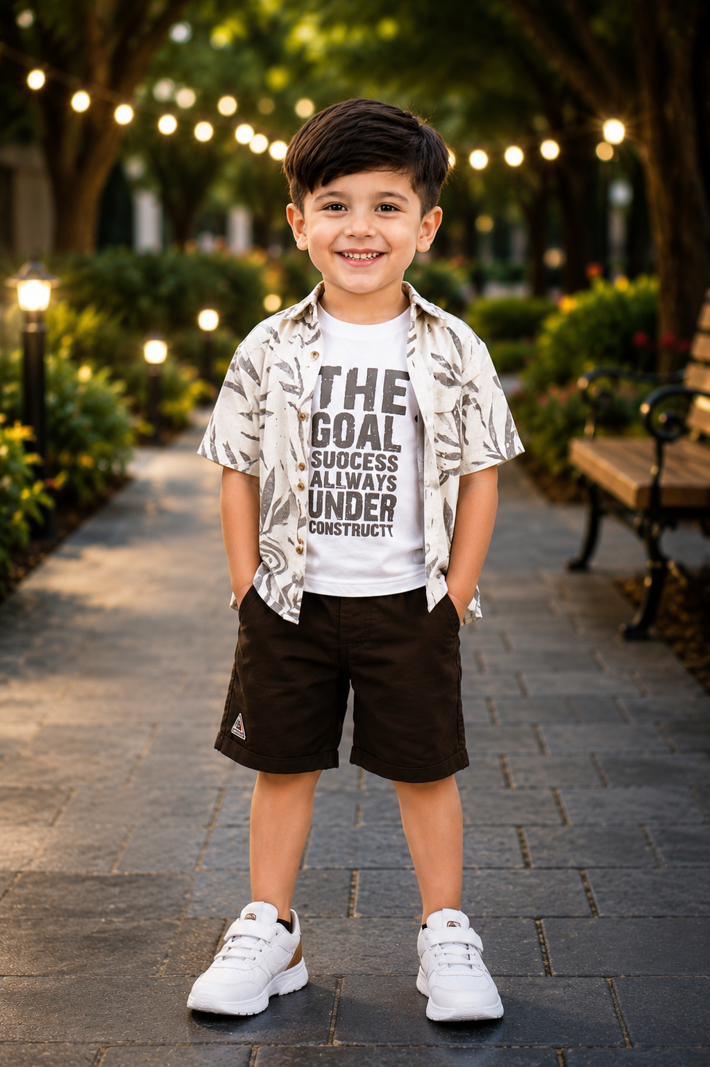 Boys White Printed Cotton Shirt, Graphic T-Shirt & Brown Shorts 3-Piece Set | Soft & Breathable Casual Summer Wear 2594-41-GRY OWHT-PR