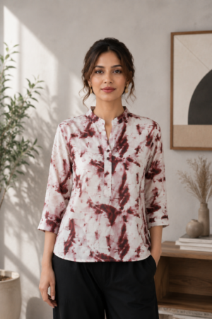 Women's White & Maroon Abstract Print Mandarin Collar Top | 3/4 Sleeve Casual Western Wear LD27-427-WHT RST-LIN