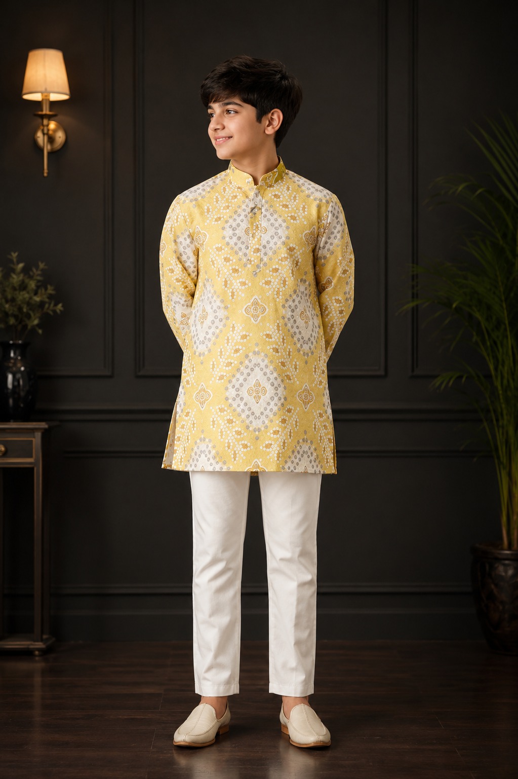 Boys Mustard Yellow Printed Cotton Kurta with White Pajama Set | Festive Ethnic Wear 431-366-YLW-PR