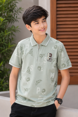 Boys Sage Green All-Over Printed Polo Collar Cotton T-Shirt | Casual Half Sleeve Summer Tee 52537-268-GRN-PR