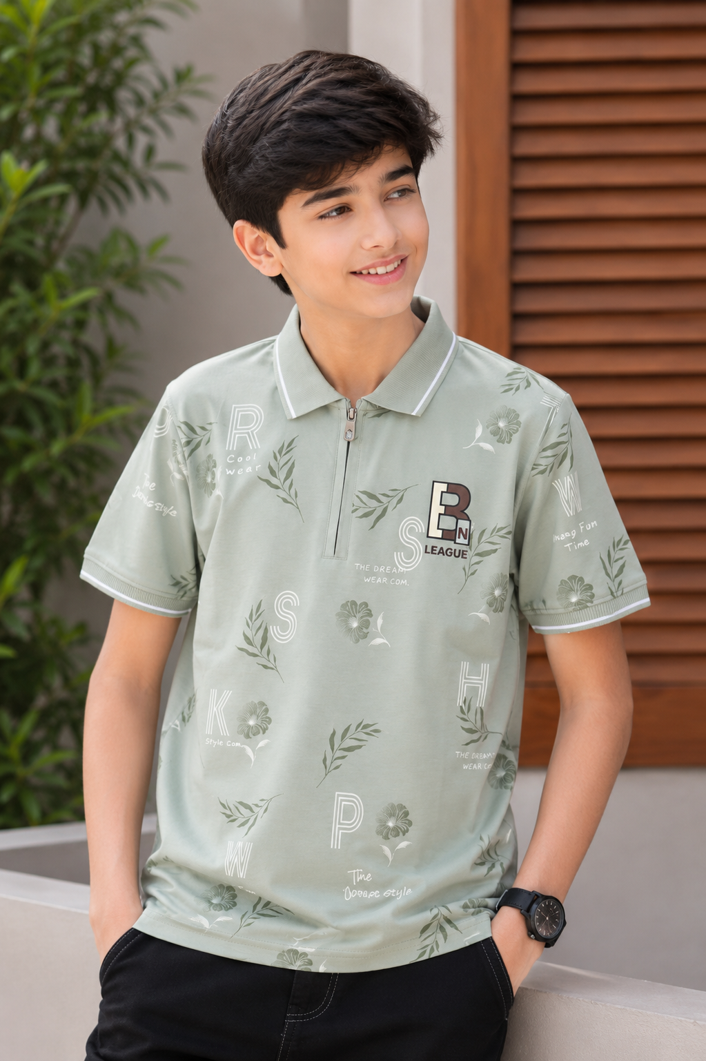 Boys Sage Green All-Over Printed Polo Collar Cotton T-Shirt | Casual Half Sleeve Summer Tee 52537-268-GRN-PR