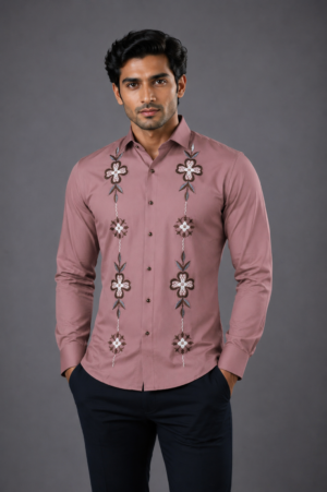 Men's Dusty Rose Embroidered Full Sleeve Casual Shirt | Slim Fit | Button-Down | Premium Cotton Blend 17313-401-ONN