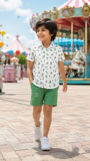 Boys White Leaf Print Cotton Shirt & Green Shorts Co-Ord Set | Soft & Breathable Casual Summer Wear 4678-268-WHT GRN-PR