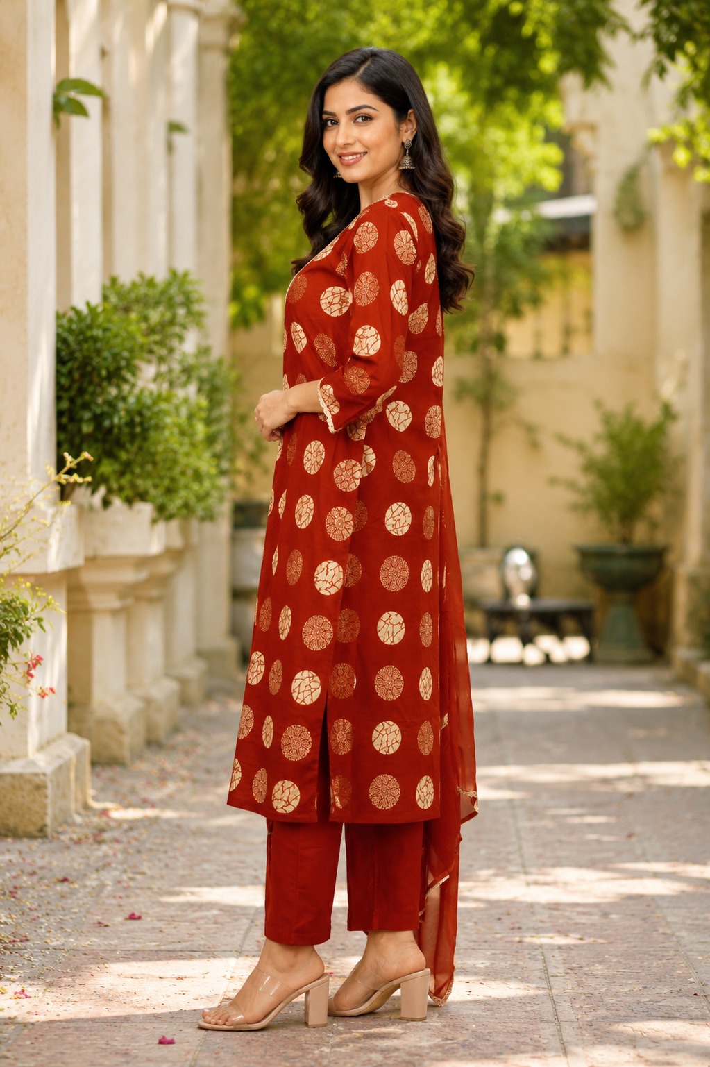 Women's Rust Red Printed Kurta Pant Dupatta Set | Elegant Ethnic Suit | Straight Fit | Festive, Office & Casual Wear 86PT-449-RST - Image 2