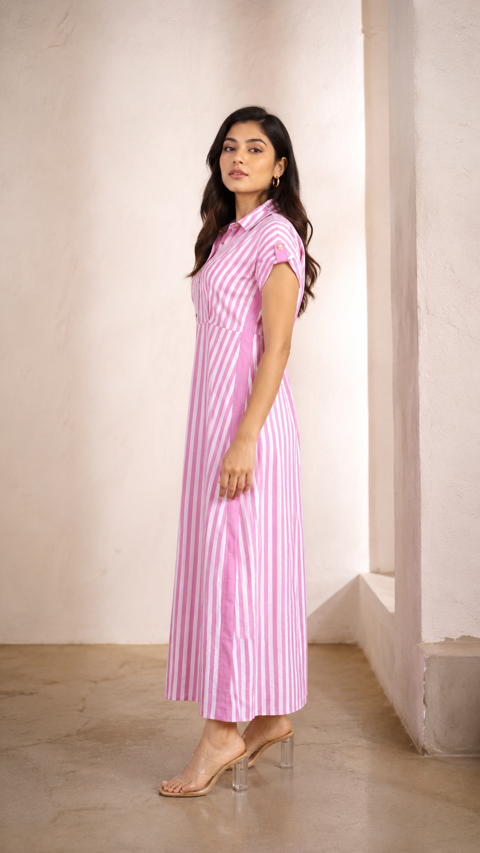 Women's Pink & White Vertical Striped Button-Down A-Line Maxi Dress | Casual Summer Wear 1245-024-PK WHT-LI - Image 2