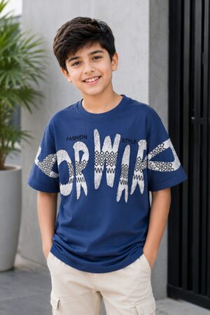 Boys Navy Blue Graphic Print Oversized Cotton T-Shirt | Casual Half Sleeve Summer Tee 51010-268-BLU-PR