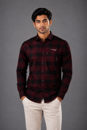 Men's Maroon & Black Checked Full Sleeve Casual Shirt | Slim Fit | Button-Down | Premium Cotton Blend | Office & Casual Wear  SG12-447-MRN-CHK