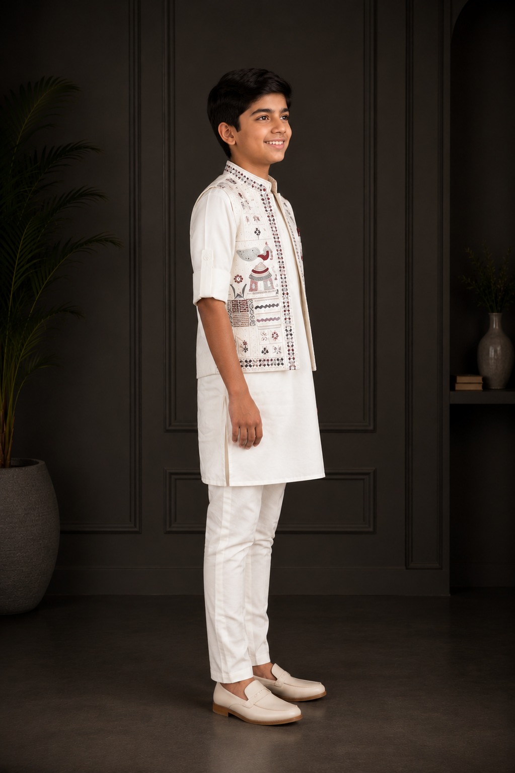 Boys White Kurta Pajama Set with Embroidered Nehru Jacket | Premium Ethnic Festive Wear 2677-366-CRM-EMB - Image 2