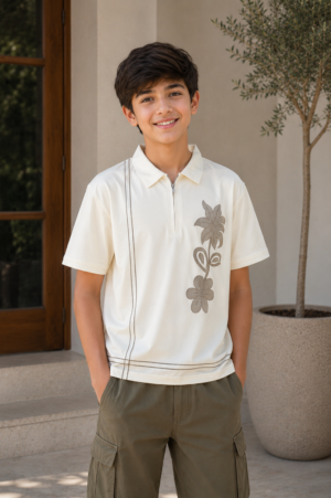 Boys Off-White Floral Print Polo Collar Cotton T-Shirt | Casual Half Sleeve Summer Tee 6521-268-CRM-PR