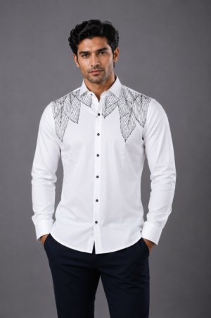 Men's White Embroidered Slim Fit Full Sleeve Casual Shirt | Soft Cotton Blend | Designer Smart Casual & Party Wear 15320-401-WHT