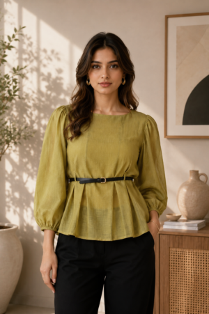 Women's Olive Green Peplum Top with Waist Belt | Full Sleeve Casual & Office Wear LD28A-427-MHND-PL