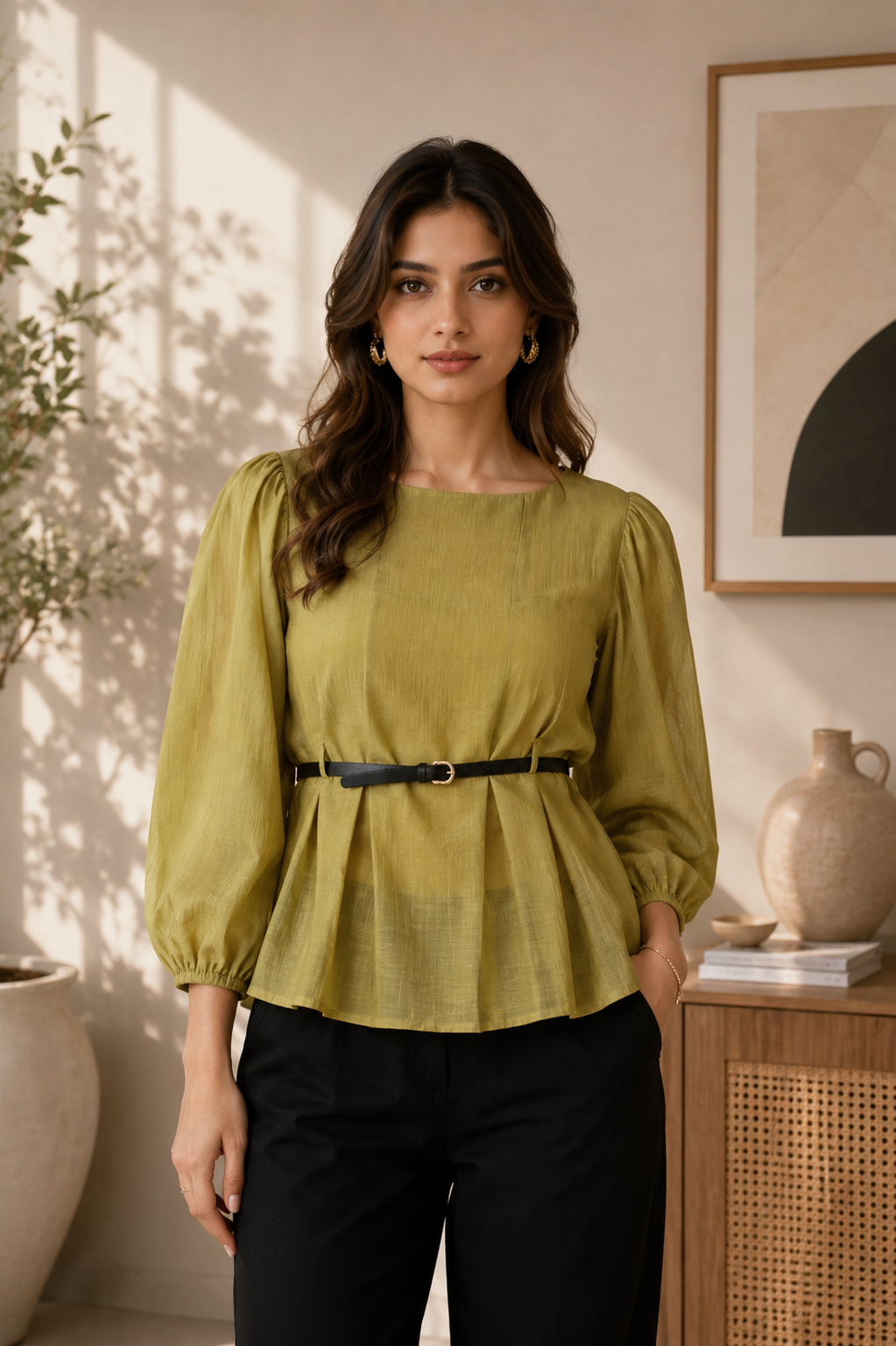 Women's Olive Green Peplum Top with Waist Belt | Full Sleeve Casual & Office Wear LD28A-427-MHND-PL