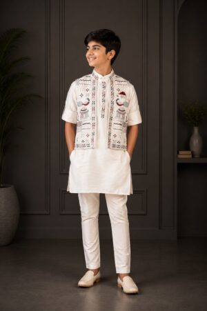 Boys White Kurta Pajama Set with Embroidered Nehru Jacket | Premium Ethnic Festive Wear 2677-366-CRM-EMB