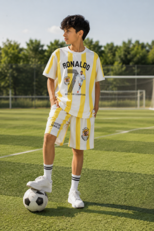 Boys Yellow & White Striped Football Jersey & Shorts Set | Half Sleeve Kids Sportswear 13094LN-268-YLW