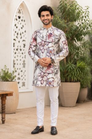 Men's White Floral Printed Kurta with White Pajama | Premium Festive Ethnic Wear 440-366-CRM-PR