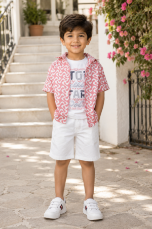 Boys Red Printed Cotton Shirt, Graphic T-Shirt & White Shorts 3-Piece Set | Soft & Breathable Casual Summer Wear 1385-433-PCH WHT-PR