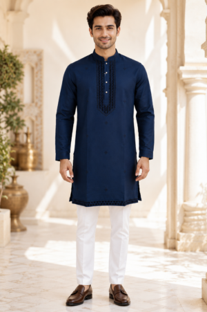 Men's Navy Blue Embroidered Kurta with White Pajama | Premium Festive Ethnic Wear 2003-437-BLU-EMB