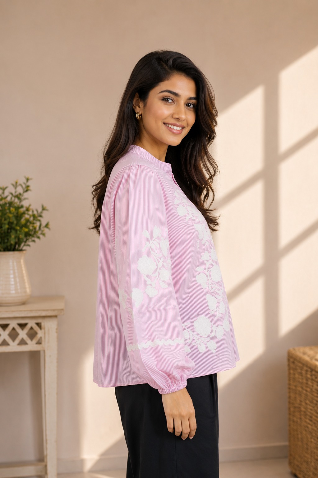 Women's Pink Floral Embroidered Mandarin Collar Shirt | Full Sleeve Casual & Office Wear 3401-24-PNK WHT-EM - Image 2