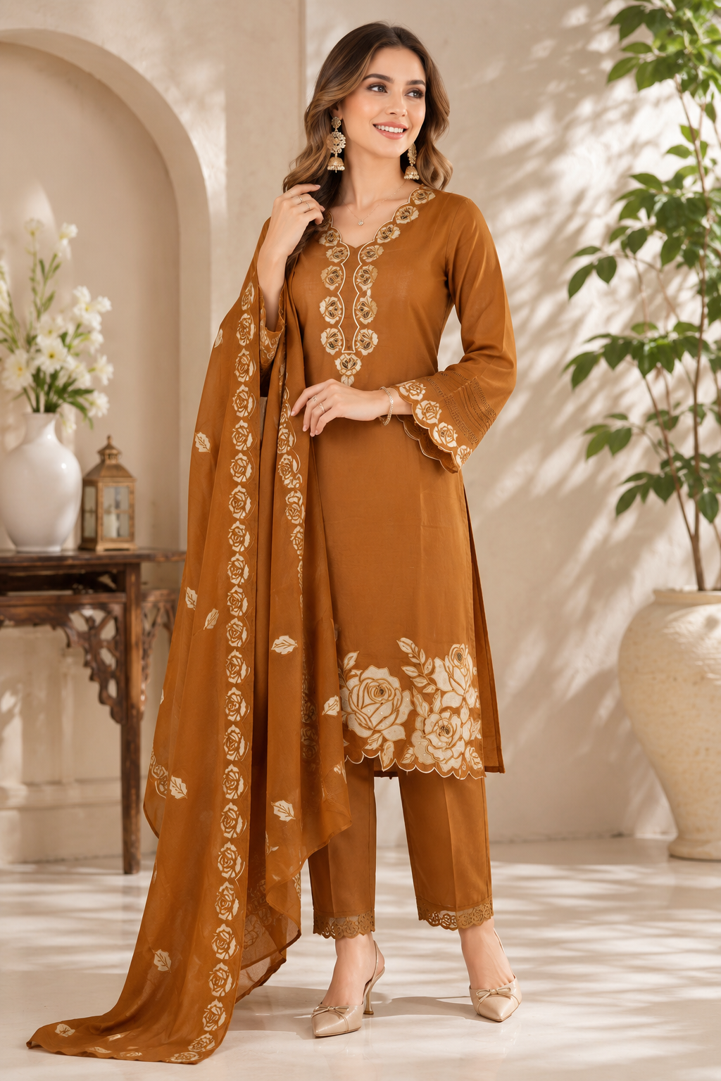 Women's Mustard Brown Floral Printed Kurta Pant Dupatta Set | Elegant Ethnic Suit | Straight Fit | Festive, Office & Casual Wear LA778FL-449-MST