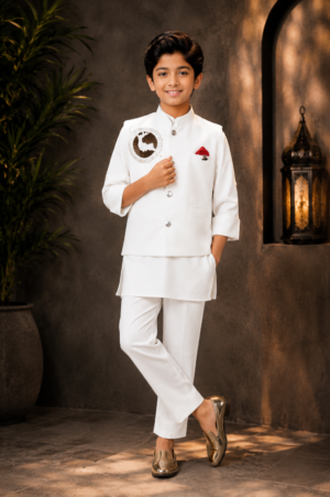 Boys White Kurta Pajama Set with Designer Nehru Jacket | Premium Festive Ethnic Wear 3620-30-WHT-PR