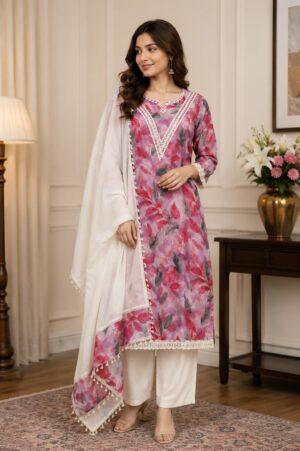 Women's Pink Floral Printed Kurta Pant Dupatta Set | Elegant Ethnic Suit | Straight Fit | Festive, Office & Casual Wear 1517FL-449-PNK