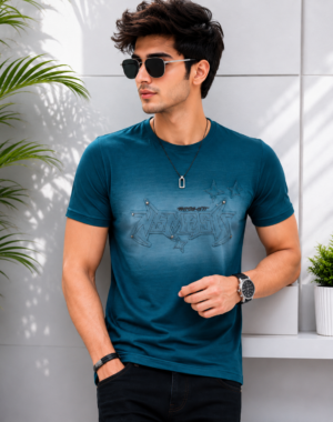 Men's Teal Blue Graphic Printed Round Neck T-Shirt | Premium Cotton Blend Half Sleeve Regular Fit Casual Wear  3069PL-362-GRY