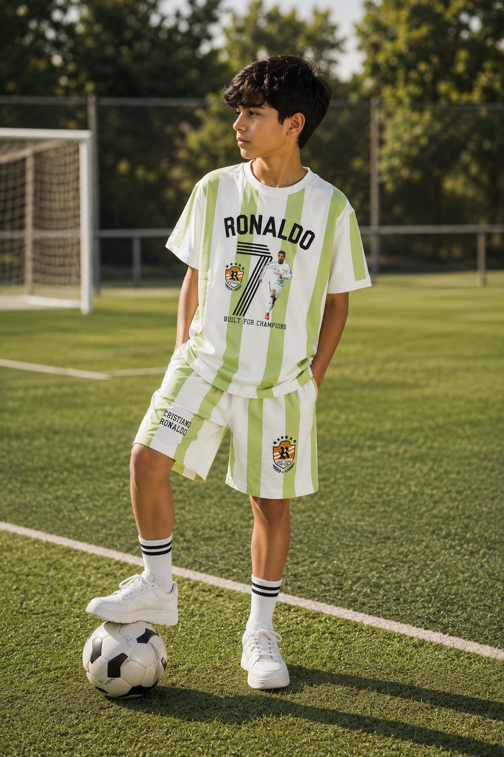 Boys Green & White Striped Football Jersey & Shorts Set | Half Sleeve Kids Sportswear 13094LN-268-GRN
