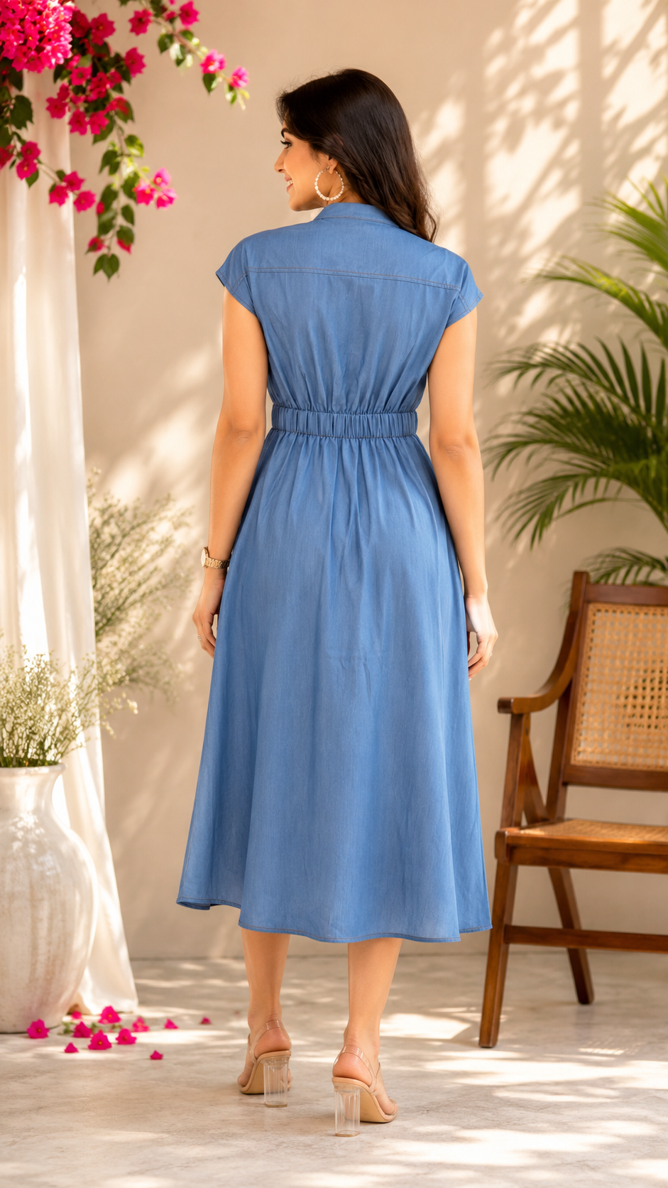 Women's Sky Blue Fit & Flare Midi Dress with Waist Belt | Cap Sleeve Casual Western Wear 1795-024-I BLU-PL - Image 2