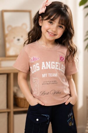 Girls' Peach Graphic Printed Cotton T-Shirt | Casual Half Sleeve Kids Top 066-268-RST-PR