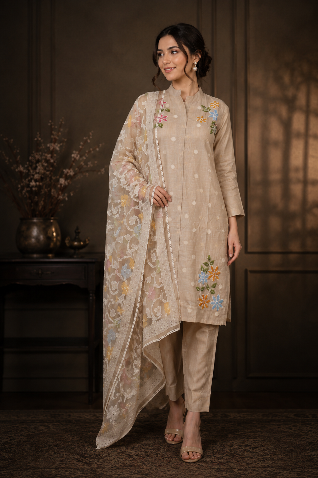 Women's Beige Embroidered Kurta Pant Dupatta Set | Floral Embroidery with Organza Dupatta | Elegant Ethnic Wear 36222FL-340-FWN
