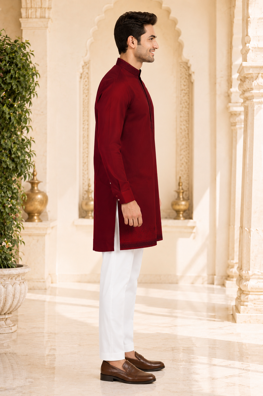 Men's Maroon Embroidered Kurta with White Pajama | Premium Festive Ethnic Wear 2003-437-MRN-EMB - Image 2