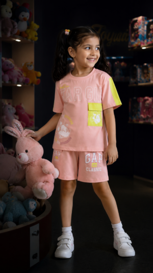 Girls Peach Graphic Print Cotton Co-Ord Set | Half Sleeve T-Shirt & Shorts Summer Outfit 14236PT-268-PCH YLW