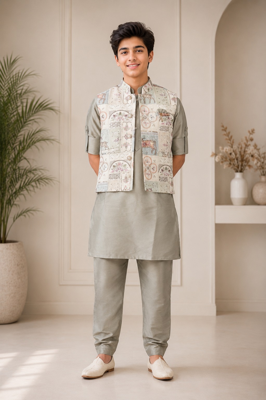 Boys Sage Green Kurta Pajama Set with Printed Nehru Jacket | Premium Festive Ethnic Wear 2521-366-PST-PR