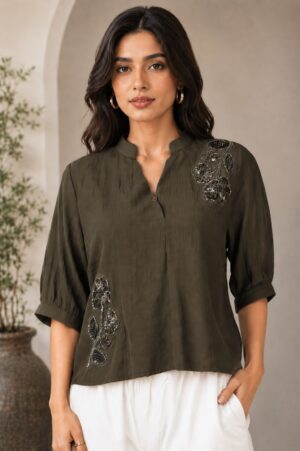 Women's Olive Green Embroidered V-Neck Top | Roll-Up Sleeve Casual & Office Wear LD35-427-BGRN-EM