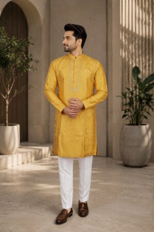 Men's Mustard Yellow Embroidered Kurta with White Pajama | Premium Festive Ethnic Wear 1901-437-MST-EMB