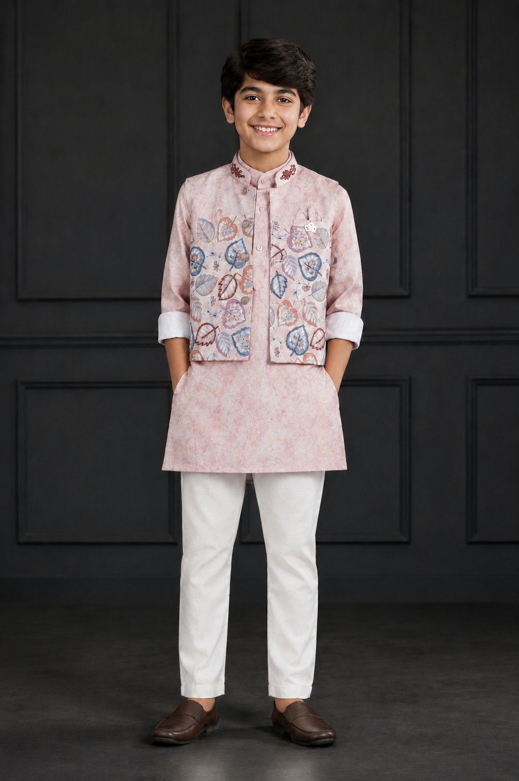 Boys Blush Pink Kurta Pajama Set with Printed Nehru Jacket | Festive Ethnic Wear 2645-366-PCH-PR
