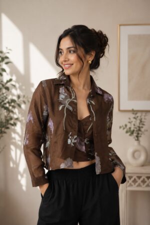 Women's Brown Abstract Print Cropped Button-Down Shirt | Full Sleeve Casual Western Wear 29090-23-DBRN-EM