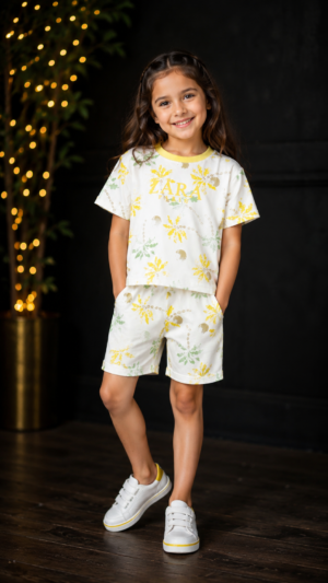 Girls White & Yellow Floral Print Cotton Co-Ord Set | Half Sleeve T-Shirt & Shorts Summer Outfit 14216PR-268-WHT YLW