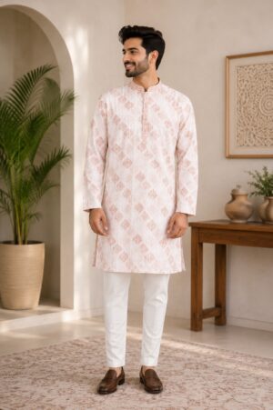 Men's Blush Pink Jacquard Kurta with White Pajama | Premium Festive Ethnic Wear 801-437-PCH-PR