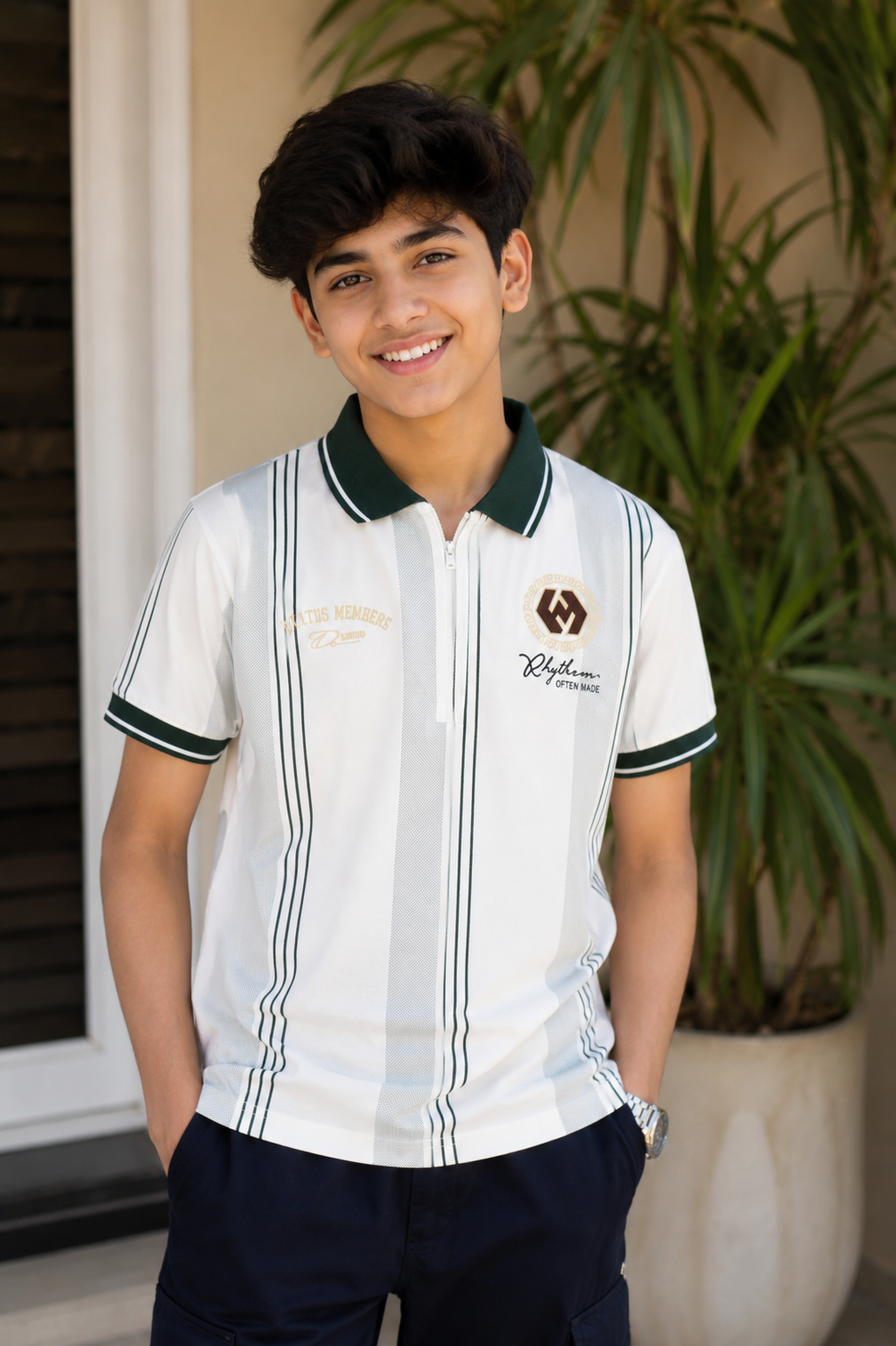 Boys' Premium White Cotton Striped Polo T-Shirt with Green Collar & Navy Blue Shorts Co-Ord Set | Stylish Casual Summer Outfit for Kids 9245-268-WHT GRN-LN