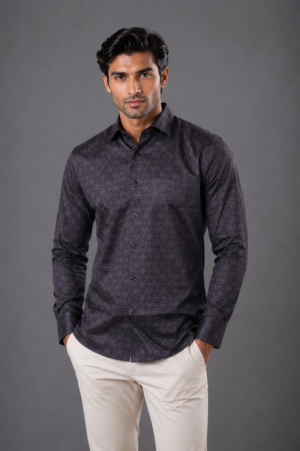 Men's Charcoal Grey Printed Full Sleeve Casual Shirt | Slim Fit | Button-Down | Premium Cotton Blend | Office & Casual Wear 3187-438-D GRY-PR