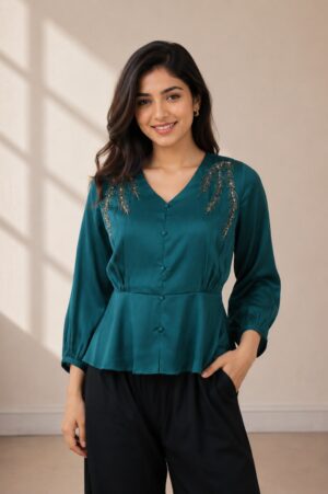 Women's Teal V-Neck Peplum Top with Embroidered Shoulder Detail | Full Sleeve Casual & Office Wear 2226MK-214-DGRN-EM