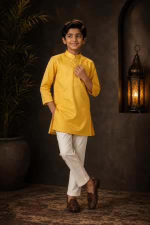 Boys Mustard Yellow Textured Cotton Kurta with White Pajama Set | Festive Ethnic Wear 4032-248-YLW-SP