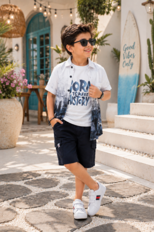 Boys Blue Printed Cotton Shirt, Graphic T-Shirt & Navy Shorts 3-Piece Set | Soft & Breathable Casual Summer Wear 2558-268-WHT NBL-PR