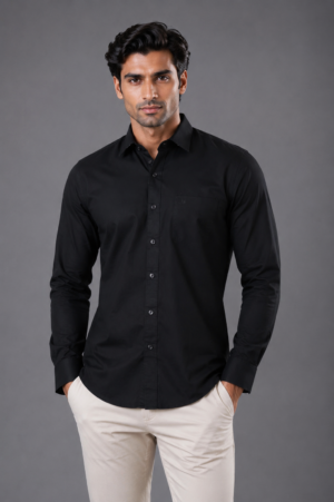 Men's Black Solid Full Sleeve Casual Shirt | Slim Fit | Button-Down | Premium Cotton Blend | Office & Casual Wear 1236-49-BLK