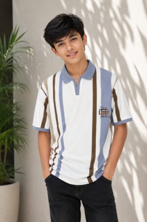 Boys White Color Block Striped Mandarin Collar Cotton T-Shirt | Casual Half Sleeve Summer Tee 52276-268-BWN-LN